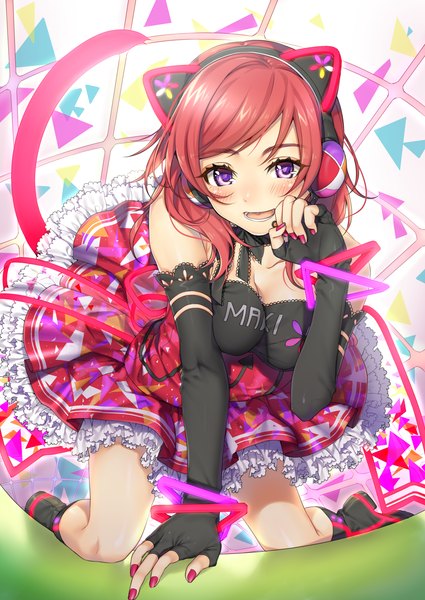Anime picture 1500x2118 with love live! school idol project sunrise (studio) love live! nishikino maki yana mori single tall image looking at viewer blush fringe short hair breasts open mouth smile large breasts purple eyes animal ears bent knee (knees) red hair nail polish