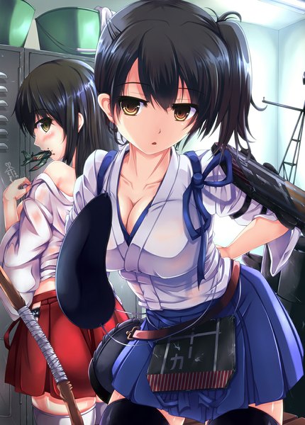Anime picture 800x1116 with kantai collection kaga aircraft carrier akagi aircraft carrier tenchou no matsumoto long hair tall image looking at viewer blush short hair breasts light erotic black hair large breasts multiple girls holding brown eyes signed cleavage ponytail traditional clothes