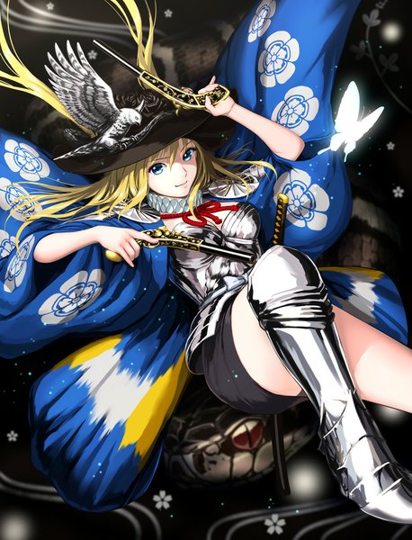 Anime picture 817x1069 with original shin (world 3000) single long hair tall image looking at viewer blue eyes blonde hair wide sleeves girl flower (flowers) weapon hat animal sword boots armor bird (birds) katana gun