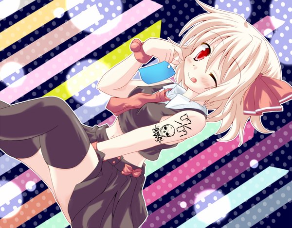 Anime picture 1340x1050 with touhou rumia hiiragi tomoka blush short hair blonde hair red eyes one eye closed wink tattoo striped polka dot polka dot background striped background girl thighhighs black thighhighs tongue