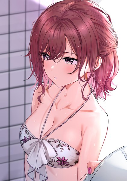 Anime picture 1764x2508 with idolmaster idolmaster shiny colors higuchi madoka nonbire tall image fringe highres short hair light erotic hair between eyes brown hair holding looking away upper body nail polish pink eyes mole mole under eye floral print solo focus