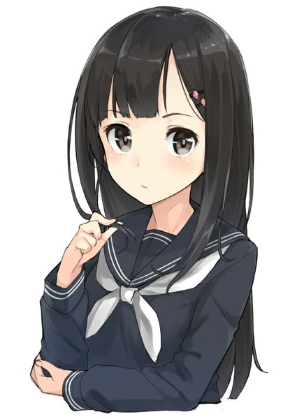 Anime picture 598x824 with original musk tiger single long hair tall image looking at viewer blush black hair simple background white background grey eyes holding hair girl uniform hair ornament serafuku bobby pin
