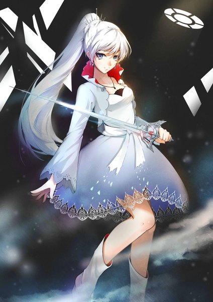 Anime picture 2480x3507 with rwby rooster teeth weiss schnee lancefate single long hair tall image fringe highres simple background smile standing holding bent knee (knees) white hair ponytail long sleeves grey eyes dark background girl