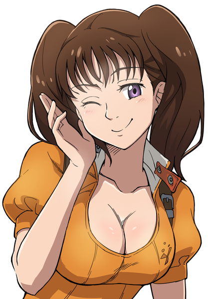 Anime picture 885x1254 with nanatsu no taizai a-1 pictures diane (nanatsu no taizai) hiyocco single long hair tall image looking at viewer blush fringe breasts light erotic simple background smile brown hair large breasts white background twintails purple eyes cleavage