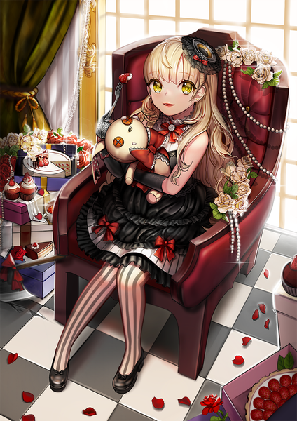 Anime picture 800x1131 with vocaloid mayu (vocaloid) usano mimi honnou (kjs9504) single long hair tall image blonde hair yellow eyes girl dress gloves flower (flowers) hat petals black gloves sweets toy stuffed animal cake