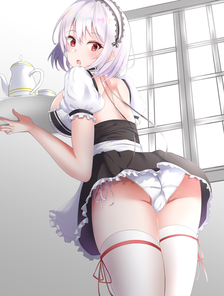 Anime picture 2200x2900 with azur lane sirius (azur lane) core1013 single tall image blush fringe highres short hair breasts open mouth light erotic hair between eyes red eyes large breasts holding ass white hair indoors looking back