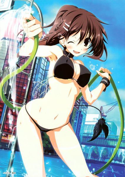 Anime picture 2120x3000 with subarashiki hibi tall image highres light erotic brown hair brown eyes ponytail one eye closed wink swimsuit bikini water black bikini