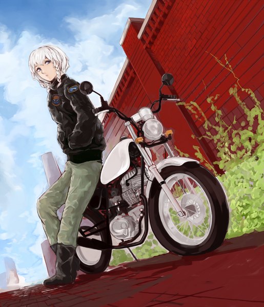 Anime picture 1554x1812 with touhou izayoi sakuya single tall image fringe standing silver hair braid (braids) alternate costume twin braids silver eyes hands in pockets girl plant (plants) jacket boots pants wall motorcycle
