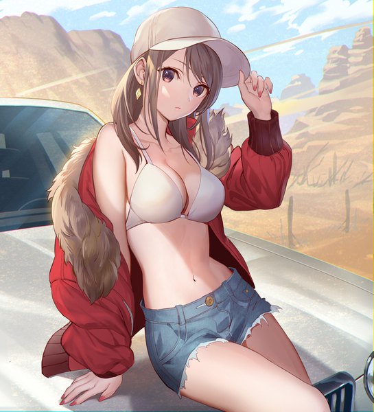 Anime picture 3000x3300 with original teffish single long hair tall image looking at viewer fringe highres breasts light erotic hair between eyes brown hair large breasts sitting brown eyes sky cleavage cloud (clouds) outdoors nail polish