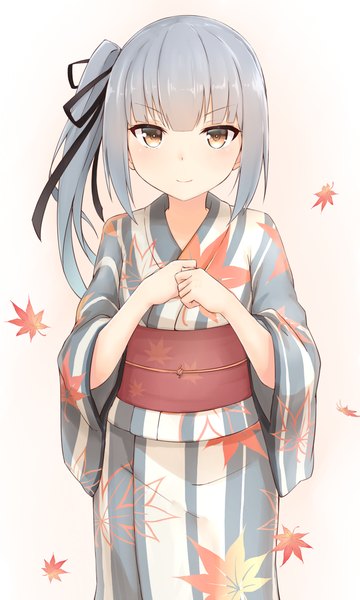 Anime picture 750x1250 with kantai collection kasumi destroyer azuhira single long hair tall image looking at viewer blush fringe simple background smile standing brown eyes blunt bangs long sleeves traditional clothes japanese clothes grey hair wide sleeves alternate costume