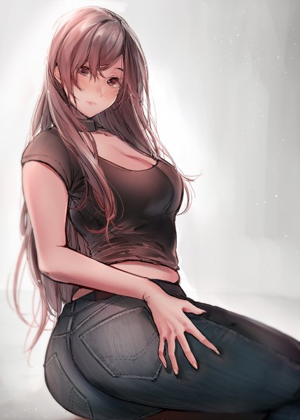 Anime picture 1072x1500 with original amane ruri single long hair tall image looking at viewer blush fringe breasts light erotic simple background hair between eyes brown hair large breasts white background sitting brown eyes cleavage ass light smile