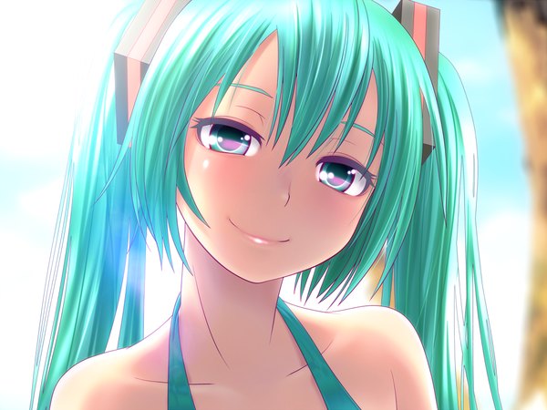 Anime picture 1024x768 with vocaloid hatsune miku wokada single long hair looking at viewer smile twintails bare shoulders aqua eyes aqua hair face girl