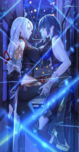 Anime picture 3943x7607 with genshin impact shenhe (genshin impact) yelan (genshin impact) geez long hair tall image fringe highres short hair breasts blue eyes light erotic large breasts standing multiple girls holding signed blue hair absurdres ahoge