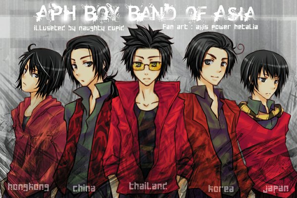 Anime picture 1024x683 with axis powers hetalia studio deen japan (hetalia) china (hetalia) hong kong (hetalia) korea (hetalia) thailand (hetalia) kanapy long hair short hair black hair smile ahoge ponytail black eyes open clothes open collar hands in pockets boy shirt