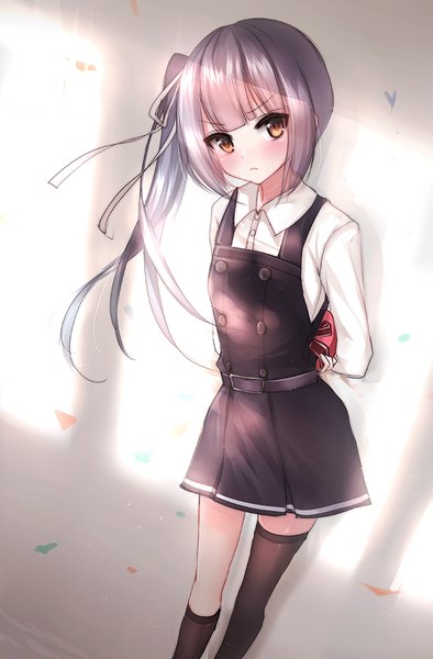Anime picture 700x1066 with kantai collection kasumi destroyer mallizmora single long hair tall image blush fringe brown eyes payot looking away silver hair shadow embarrassed side ponytail hands behind back valentine remodel (kantai collection) girl thighhighs