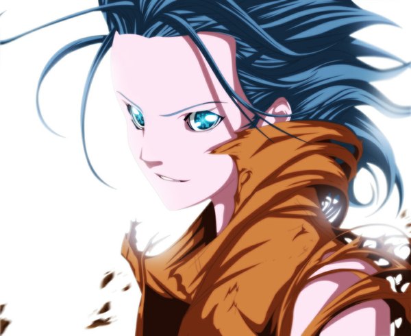 Anime picture 1000x817 with air gear toei animation wanijima lind eroishi single long hair smile white background blue hair aqua eyes coloring torn clothes portrait boy