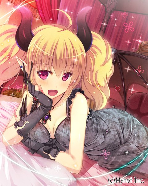 Anime picture 1440x1800 with original kazumasa single long hair tall image looking at viewer blush open mouth light erotic blonde hair twintails ahoge pink eyes horn (horns) pointy ears girl dress gloves wings bed