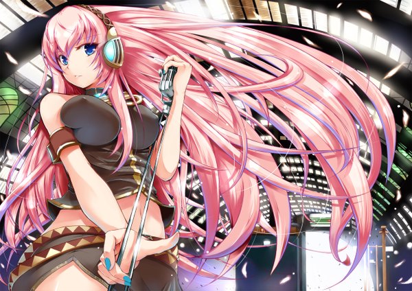 Anime picture 2500x1770 with vocaloid megurine luka yuki mizore single long hair highres blue eyes pink hair nail polish girl headphones microphone