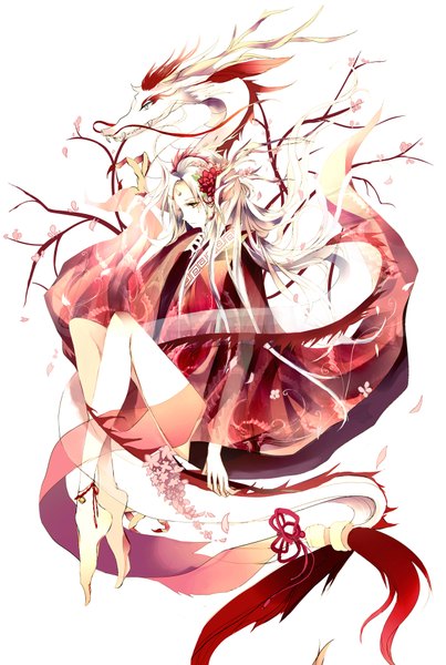 Anime picture 1200x1784 with original rhea single long hair tall image white background brown eyes white hair girl flower (flowers) petals dragon