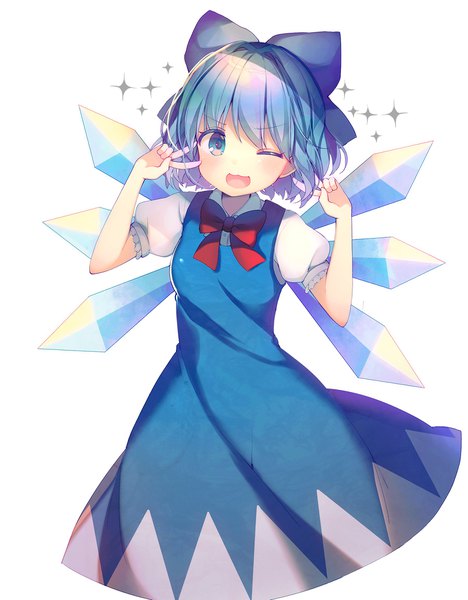 Anime picture 1797x2303 with touhou cirno koto seori single tall image looking at viewer blush highres short hair open mouth blue eyes simple background white background blue hair one eye closed wink sparkle puffy sleeves victory ;d