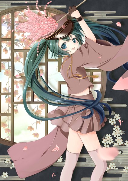 Anime picture 2480x3507 with vocaloid senbonzakura (vocaloid) hatsune miku fukio single long hair tall image blush highres open mouth blue eyes twintails blue hair girl thighhighs skirt gloves petals white thighhighs black gloves