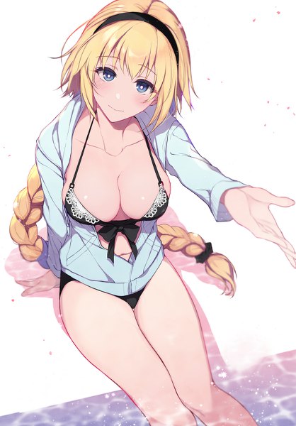 Anime picture 836x1200 with fate (series) fate/grand order jeanne d'arc (fate) (all) jeanne d'arc (swimsuit archer) pochi (pochi-goya) single long hair tall image looking at viewer blush fringe blue eyes light erotic simple background blonde hair white background sitting payot cleavage braid (braids)