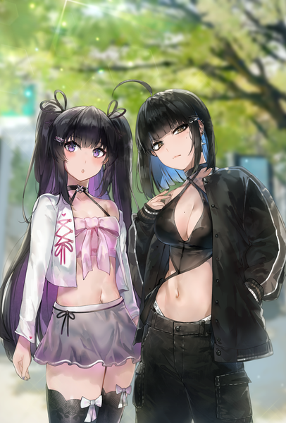 Anime picture 3326x4916 with original irene (kanniiepan) kanniiepan long hair tall image looking at viewer blush fringe highres short hair breasts open mouth light erotic black hair large breasts standing purple eyes multiple girls yellow eyes looking away