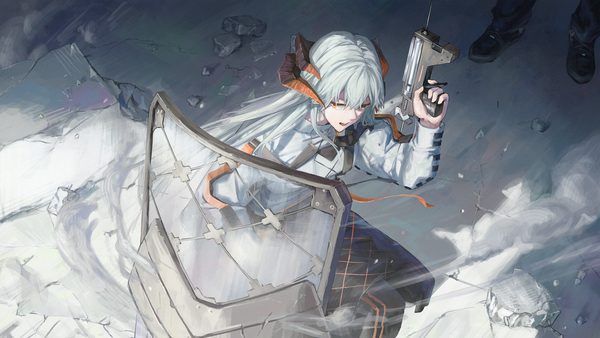 Anime picture 3840x2160 with arknights saria (arknights) gyoukan (jfxc) long hair fringe highres hair between eyes wide image looking away absurdres horn (horns) from above grey hair orange eyes solo focus girl weapon gun shield