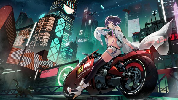 Anime picture 2560x1440 with original nr noir single looking at viewer fringe highres short hair breasts light erotic hair between eyes red eyes wide image large breasts sitting purple hair full body arm up night arm support from below