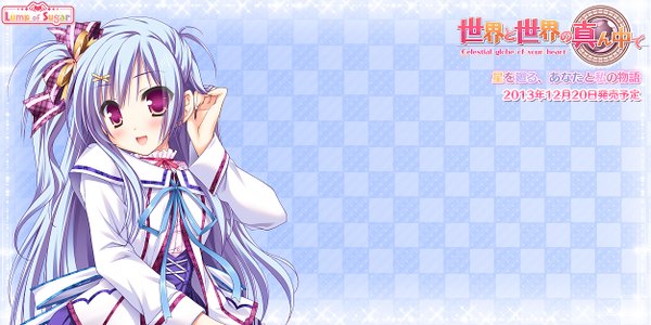 Anime picture 1252x626 with sekai to sekai no mannaka de tsukidate minori moekibara fumitake single looking at viewer blush fringe open mouth smile wide image purple eyes blue hair very long hair inscription one side up checkered background girl uniform hair ornament bow