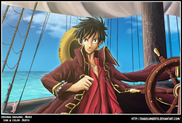 Anime picture 1284x869 with one piece toei animation monkey d. luffy diabolumberto single looking at viewer short hair black hair sky cloud (clouds) black eyes coloring hat shirt cloak watercraft ship