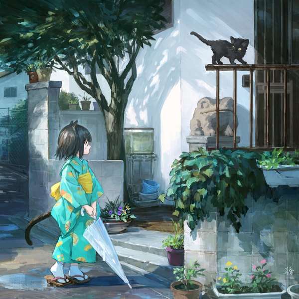 Anime picture 2048x2048 with original shipi-chan sho (sho lwlw) single fringe highres short hair open mouth black hair standing holding signed animal ears looking away full body outdoors tail traditional clothes japanese clothes animal tail