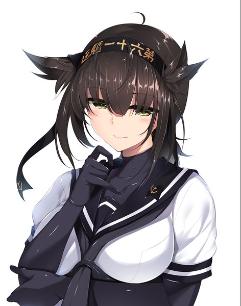 Anime picture 700x890 with kantai collection hatsuzuki destroyer nakano sora single tall image looking at viewer blush short hair black hair simple background white background yellow eyes girl gloves black gloves elbow gloves hairband