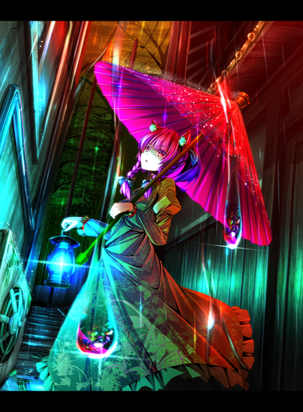 Anime picture 1102x1500 with touhou kaenbyou rin ryosios single long hair tall image red eyes animal ears outdoors red hair braid (braids) cat ears cat girl twin braids letterboxed rain girl dress umbrella lantern