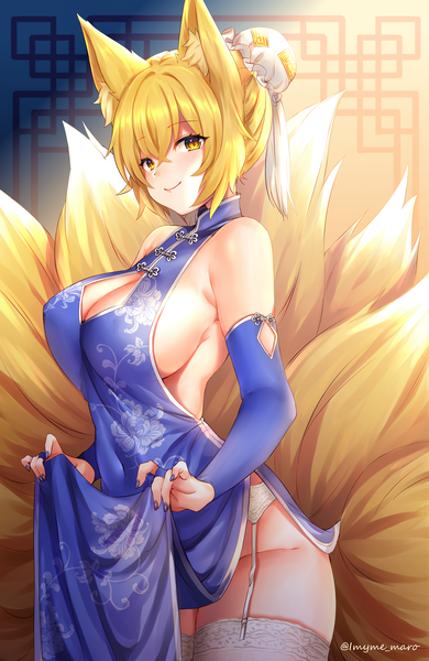 Anime picture 2600x4000 with touhou yakumo ran marota single tall image looking at viewer blush fringe highres short hair breasts light erotic blonde hair smile hair between eyes large breasts bare shoulders signed animal ears yellow eyes