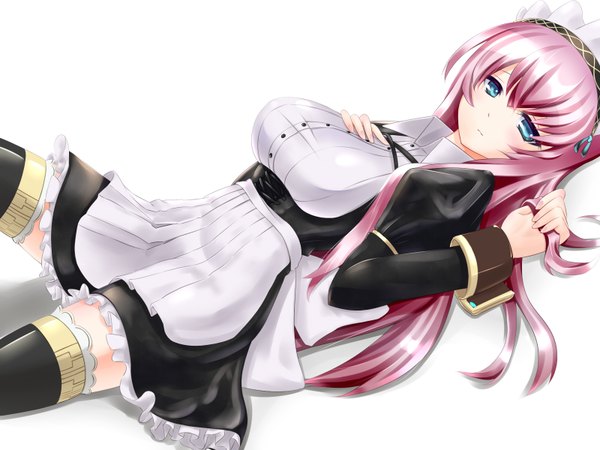 Anime picture 1600x1200 with vocaloid megurine luka dangan-cat single long hair fringe breasts blue eyes light erotic simple background white background pink hair lying girl thighhighs dress frills hairband apron