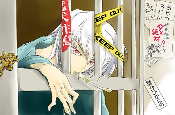 Anime picture 1400x921 with shingetsutan tsukihime type-moon tohno shiki (2) aki (sakami) red eyes white hair mouth hold prisoner boy caution tape bars prison cell