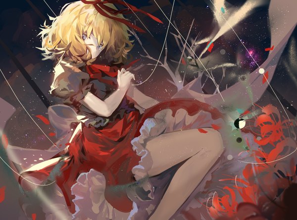 Anime picture 2000x1485 with touhou medicine melancholy kita (kitairoha) single looking at viewer highres short hair blue eyes blonde hair bent knee (knees) puffy sleeves covered mouth girl skirt flower (flowers) ribbon (ribbons) hair ribbon red skirt higanbana