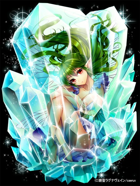 Anime picture 700x933 with sousei ragnavein (game) ells (ellsat) single long hair tall image fringe light erotic simple background hair between eyes red eyes green hair pointy ears black background fantasy fairy girl dress wings sundress ice