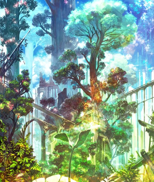 Anime picture 1045x1240 with original kio naoki (artist) tall image nature plant (plants) tree (trees) bridge