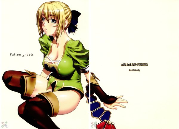 Anime picture 2097x1520 with soulcalibur cassandra alexandra single long hair highres open mouth light erotic blonde hair cleavage scan spread legs girl thighhighs gloves bow black thighhighs hair bow pantyhose elbow gloves