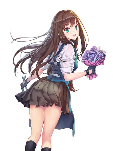 Anime picture 1125x1500 with idolmaster idolmaster cinderella girls shibuya rin hhama single long hair tall image looking at viewer blush fringe breasts open mouth simple background smile brown hair white background holding pleated skirt looking back aqua eyes