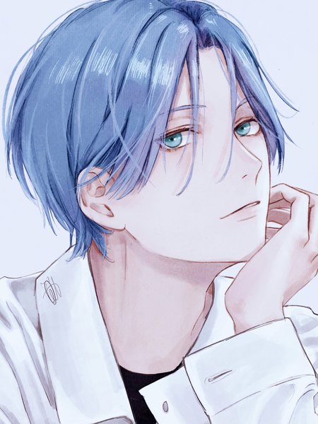 Anime picture 2194x2925 with sk8 the infinity studio bones hasegawa langa 0cat single tall image looking at viewer highres short hair simple background signed blue hair upper body aqua eyes portrait blue background chin rest boy