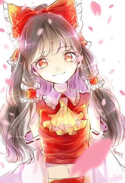 Anime picture 750x1100 with touhou hakurei reimu rosette (roze-ko) single long hair tall image simple background smile red eyes white background signed traditional clothes japanese clothes light smile bare belly miko dark hair girl navel bow