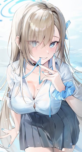 Anime-Bild 2205x4093 mit blue archive asuna (blue archive) ame929 single tall image looking at viewer fringe highres breasts blue eyes light erotic blonde hair large breasts holding cleavage very long hair nail polish pleated skirt fingernails from above