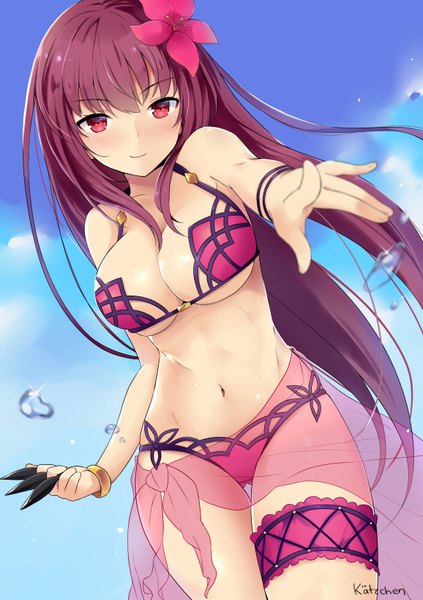 Anime picture 578x818 with fate (series) fate/grand order scathach (fate) (all) scathach (swimsuit assassin) (fate) kaetzchen single long hair tall image blush fringe breasts light erotic red eyes large breasts signed sky purple hair hair flower light smile thigh gap
