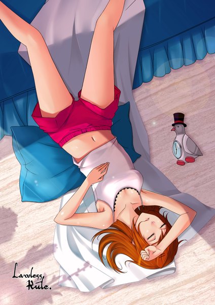 Anime picture 2480x3507 with original crazed single long hair tall image highres brown hair eyes closed midriff sleeping girl navel shorts pillow bed clock alarm clock