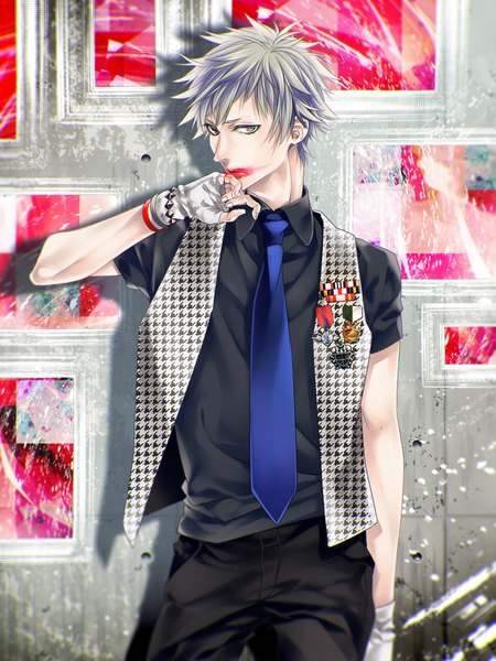 Anime picture 840x1120 with uta no prince-sama a-1 pictures kurosaki ranmaru komashiro single tall image looking at viewer short hair grey hair lipstick heterochromia boy gloves necktie bracelet fingerless gloves vest medal