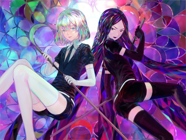Anime picture 3600x2700 with houseki no kuni diamond (houseki no kuni) bort sarie (zyy842434511) looking at viewer fringe highres short hair hair between eyes absurdres very long hair multicolored hair puffy sleeves multicolored eyes androgynous unsheathing thighhighs gloves uniform weapon