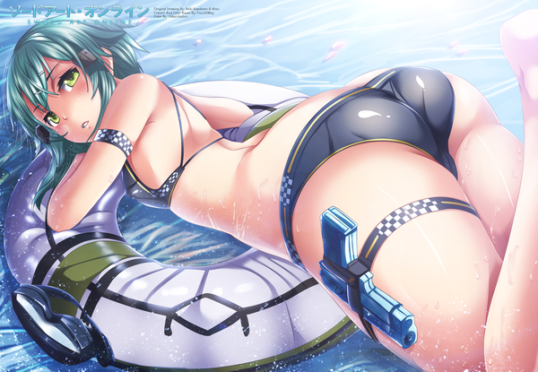 Anime picture 2308x1600 with sword art online a-1 pictures asada shino hinasaki you hikarinogiri single looking at viewer fringe highres short hair light erotic green eyes ass lying looking back barefoot green hair legs on stomach girl